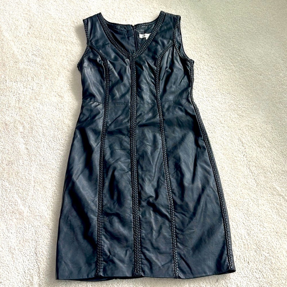 Black faux leather sleeveless dress.
